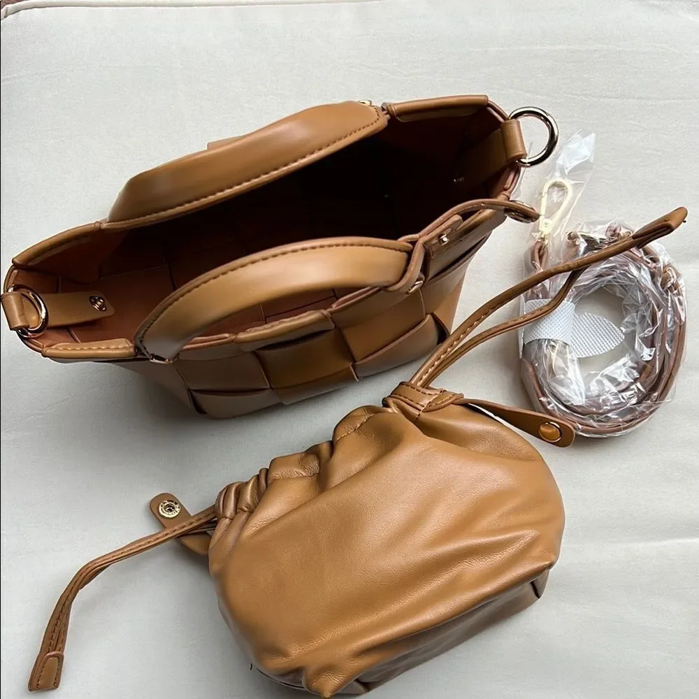 Forever 21 Brown Faux Leather Tote with Woven Design and Gold Accents - Picture 3 of 14